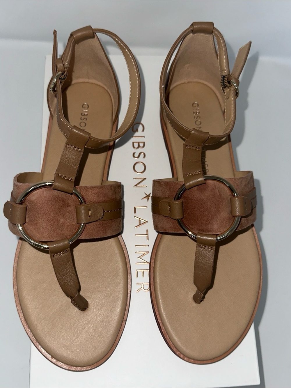 Gibson Latimer Tan Leather & Suede T-Strap Sandals 8.5 NEW Light Brown